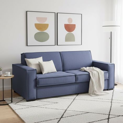 Dmora - Sofa cama Daabbo, Gran Sofá de 2 plazas, 100% Made in Italy, Sofá de salón con apertura giratoria, en tela acolchada, con reposabrazos estándar, Cm 200x95h90, Azul (1/5)