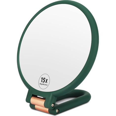 MINKUROW Specchio Portatile, Specchio Per Il Trucco Bifacciale Con Ingrandimento 1x 15x, Specchio Da Viaggio Professionale Con Supporto Portatile Con Manico Pieghevole Regolabile (Verde) (1/5)