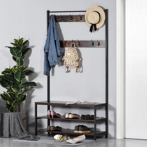 Garderobenständer mit Schuhablage, Garderobenständer mit 12 Haken, 3-stöckige Bank im Industriestil, 100 x 40 x 184 cm, Braun und Schwarz (1/5)