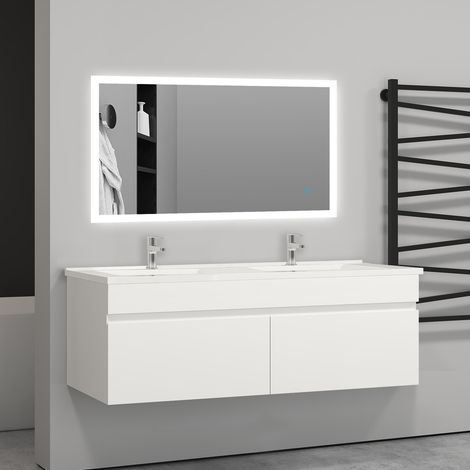Aica Sanitaire – Meuble salle de bain double vasque 120x45x40cm – 2 portes à fermeture amortie – Structure MDF anti-déformation – Lavabo céramique suspendu (1/5)