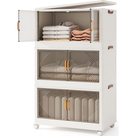 3 Bacs de Rangement Pliables avec Couvercle de 213 L, Conteneurs de Rangement Empilables à 3 Niveaux avec Roues et Portes, 65 x 39 x 109 cm (1/5)