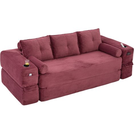 Sofá cama plegable de pana para 3 plazas, con espuma y muelles, color vino (1/5)