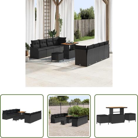 Mobilier extérieur - Ensemble de canapé de jardin avec coussin 11 pcs Noir polyrotin (1/5)