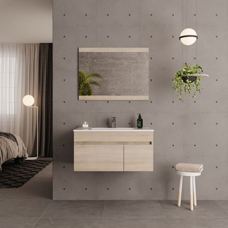Mueble de Lavabo Suspendido SOKI - 100 cm de ancho Oak (1/4)