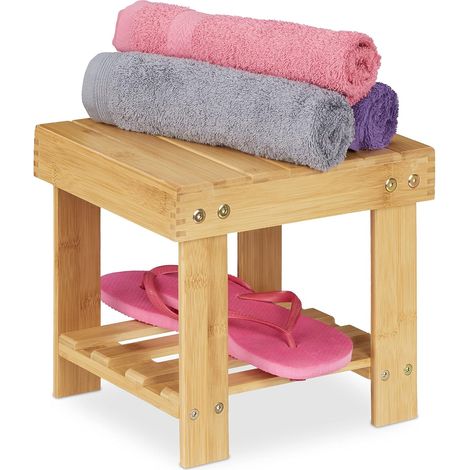 Tabouret de Salle de Bain Solide en Bambou, Repose-Pieds, Jusqu’à 100 kg, H x L x P 24,5 x 25 x 27 cm, Nature (1/5)