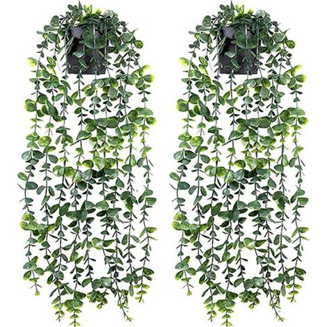 Plantas artificiales colgantes，Paquete de 2 plantas artificiales en maceta para interiores，Decoración de hiedra artificial verde (1/5)