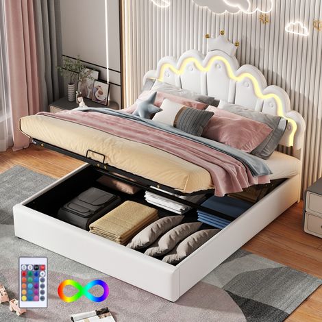 Lit enfant plat capitonné 140x200 cm avec éclairage d'ambiance réglable et barre de toit - Modèle princesse blanc (sans Matelas) (1/5)