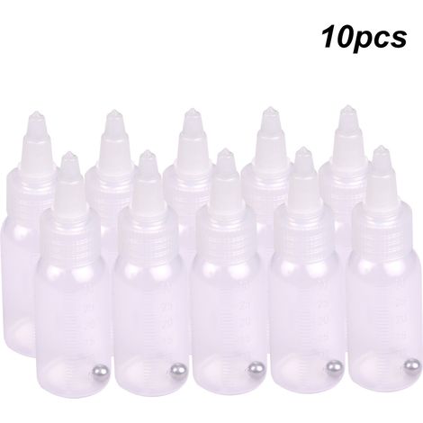 Boîte de 10 flacons de peinture pour aérographe de 35 ml (1,2 oz) chacun, en polypropylène avec couvercle gradué et étanche, pour aérographe à double alimentation par siphon. Accessoires inclus.
