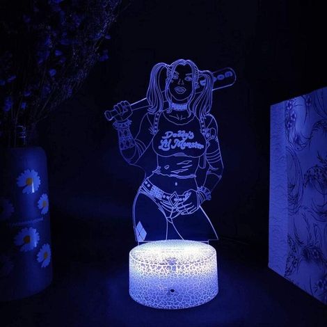 Lampe 3D-LED mit optischer Täuschung – Nachtlicht mit 16 Farben, einstellbarer Helligkeit, Touch-Steuerung und Fernbedienung, USB-Stromversorgung – Design Harley Quinn