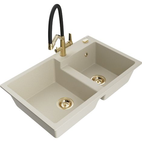 Mexen Tomas 2-Becken-Granitspüle mit Mischbatterie Duo, Beige - 6516-69-671701-57-G
