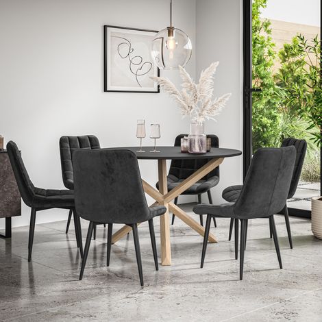 Malvern Round Dining Table And Chairs - Black Table Top w Solid Oak Legs + Nova Velvet Dining Chair Set Of 6 (Black)