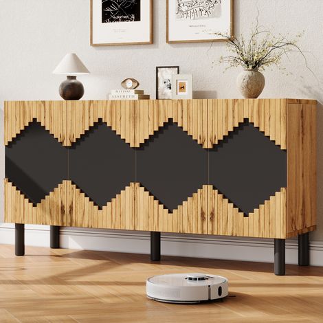 Modernluxe - Buffet moderne 140x40x70 cm - avec 4 portes - Motif losanges - Panneaux de particules et MDF - Naturel+ Noir (1/5)