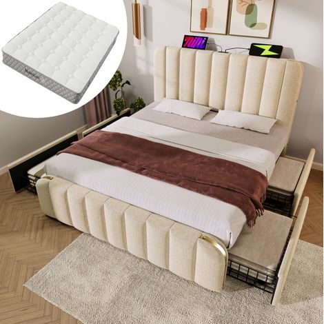 Cama doble 160x200 cm de lino beige con almacenaje y USB, con colchón – MEUBLIV (1/5)