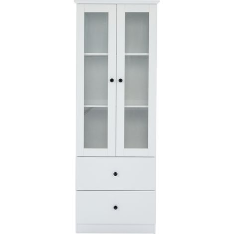 Vitrine LED blanche mate 165 cm, verre trempé, 2 portes, 2 étagères réglables et 2 tiroirs, éclairage Bluetooth USB (1/5)