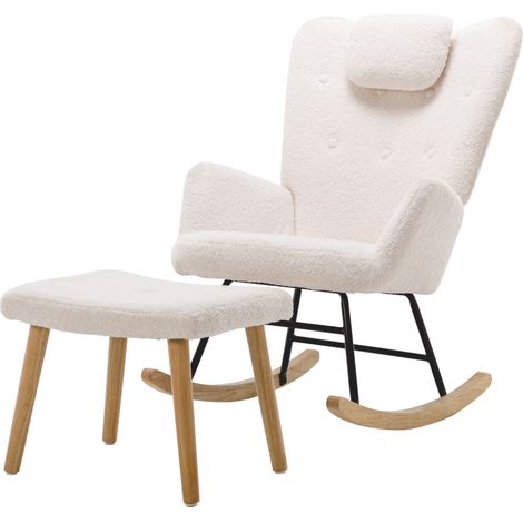 Fauteuil à Bascule - 1 Place - Bouclé - Repose-Pieds Inclus & Coussins Inclus & Cadre Bois - 65 x 82 x 94 cm - Moderne - Blanc (1/5)