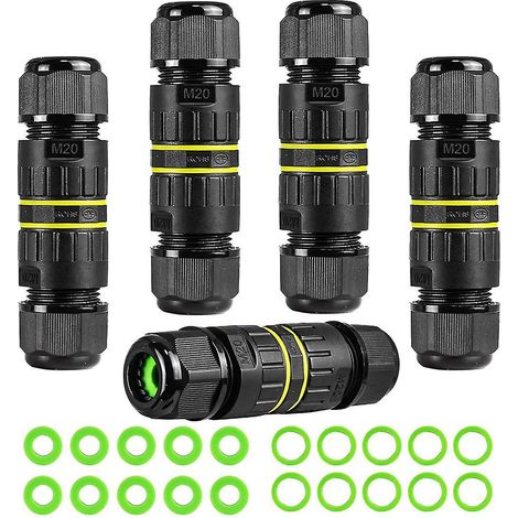 Boîte de jonction étanche IP68 à 2 voies et 3 conducteurs, lot de 5 connecteurs pour câbles électriques, calibre M20 (5-12 mm²). (1/5)