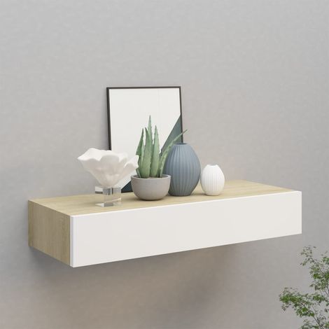 INLIFE Étagère à tiroir murale Chêne et blanc 60x23,5x10 cm MDF (1/5)