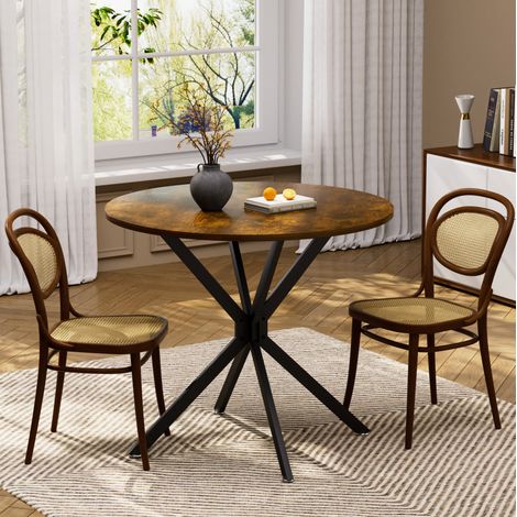 Table de salle à manger 90x90x78 cm ronde, convenant à 1 à 4 personnes, table de cuisine/salon en panneaux de particules, marron, Pieds en métal noir en forme de X (1/5)