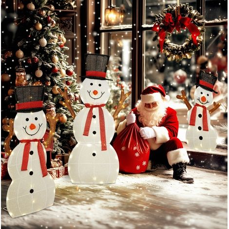 3-teiliges Outdoor-Schneemann-Set 64x30x91,5 cm Stahl mehrfarbig mit LED – MEUBLIV (1/5)