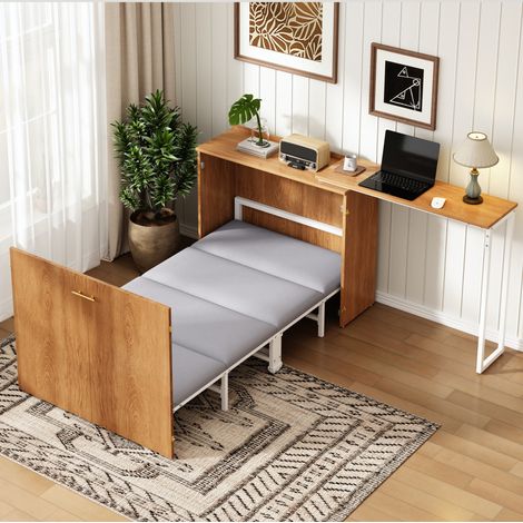 Cama abatible 90x200 cm natural y blanco, metal y madera con escritorio giratorio (1/5)