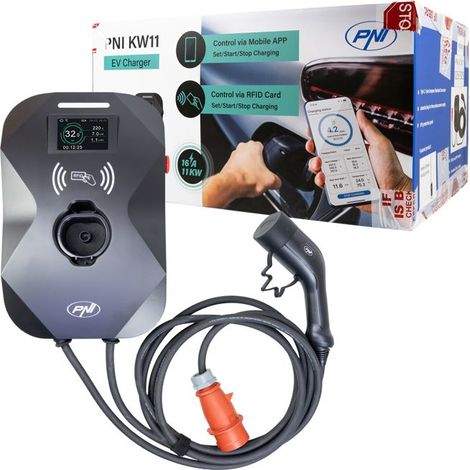 Chargeur PNI KW11 16A (11 kW) pour EV, 415 V, triphasé, type 2, écran 3,5", BT, app et carte RFID, IP55