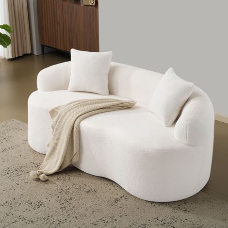 Divano doppio curvo con 2 cuscini e braccioli rotondi, bianco, 170x89x70 cm
