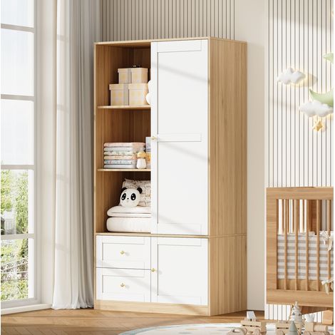Armadio con porte scorrevoli 90 x 50 x 180 cm, 2 cassetti, bianco e legno DESVIAE (1/5)