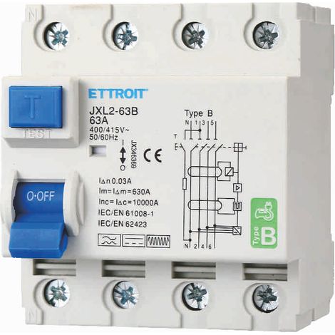 Ettroit – Disjoncteur différentiel 4P 63A 30mA – JX346369 – Courbe B 6KA AC/DC 380V – Protection pour systèmes triphasés (1/3)