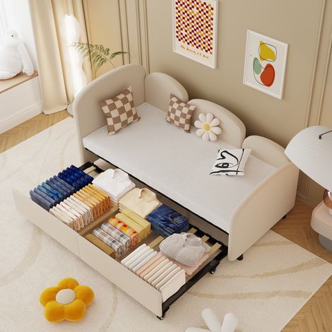 Cama infantil flor con cajón y terciopelo beige segura OKMYHOME (1/5)