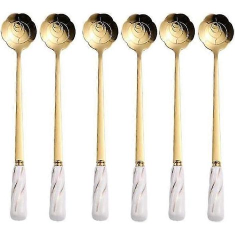 Cuillères à mélanger pour thé glacé et café, en acier inoxydable, finition or blanc - Lot de 6, manche en céramique délicate, forme rose, marque Mbbitl KKV (1/5)