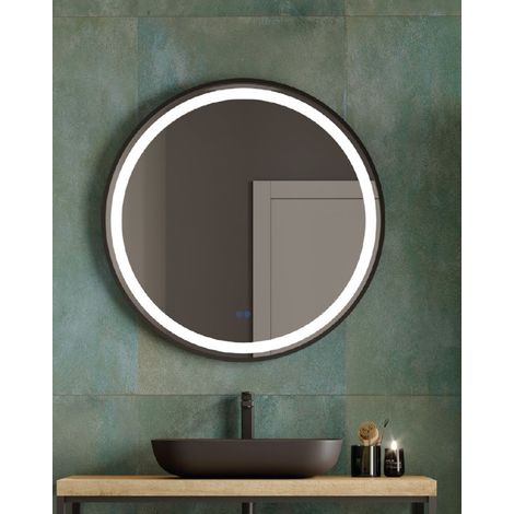 Espejo Pared Redondo Baño con Luz LED  Doble Sensor Táctil  Borde Negro 70cm (1/3)
