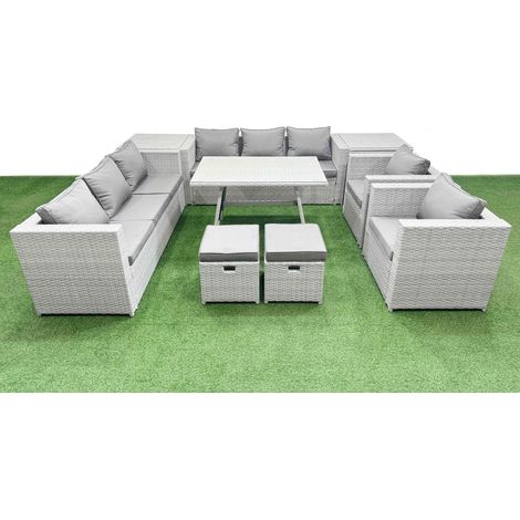 Fimous 10 Seater Garden Furniture Set PE Ratten Garden Sofa Set with Rectangular Dining Table 2 Small Stools 2 Side Tables Light Grey (1/4)