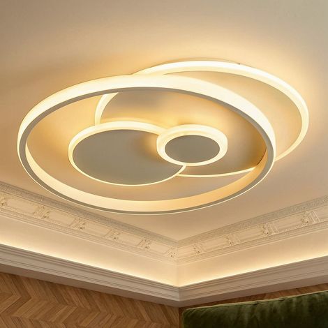 Plafoniera LED dimmerabile 39 W 4600 lm, 42×36×7 cm, telecomando e APP, memoria, design ad anelli orbitali, bianco sabbia (1/5)