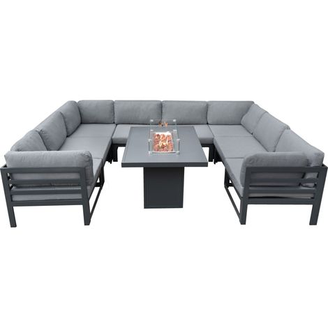 Ensemble de Meuble de Jardin Modulaire En Aluminium Gris Canapé & Table En Forme de U 8 Places Avec Foyer à Gaz 9 Pièces Terrasse Alternative à Rotin Extérieur Conversion d'Angle & Housse De Pluie