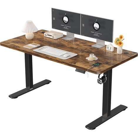 Bureau debout réglable en hauteur DEVOKO, table debout 140 x 60 cm, bureau avec planche d'épissure, cadre noir/plateau brun rouille (1/5)