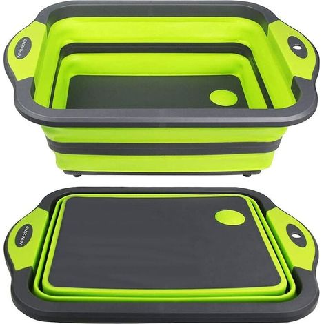 Tabla de cortar plegable – Tabla de cortar multifuncional, escurridor de fregadero y palangana, tapón antigoteo, tijeras de cocina portátiles para camping, picnics y barbacoas (Verde) (1/5)