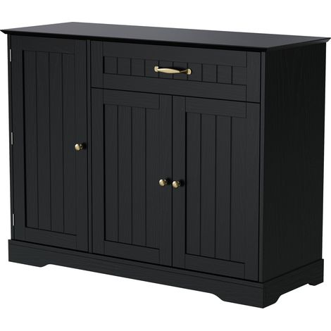 Aparador con 3 Puertas, 1 Cajón y Estantes Ajustables, en MDF, Negro, para Salón, Comedor y Entrada (1/5)