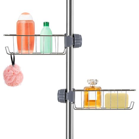 No-Drill Stainless Steel Shower Shelves - Holder and Soap Dish - 2 Pcs for 18-25mm Rods - Silver Design (1/5)