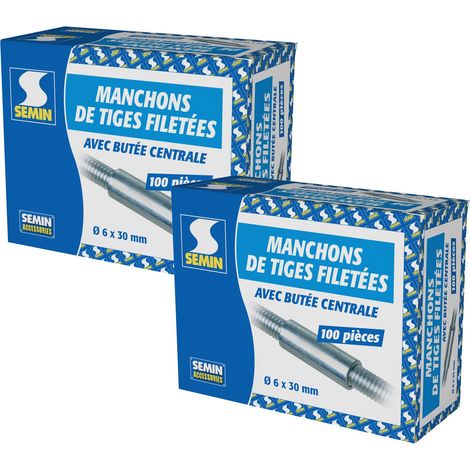 Semin – Manchons pour tige filetée 6 x 30 mm – Acier – Boîte de 100 – Filetage métrique pas standard – Pour raccordement tiges filetées