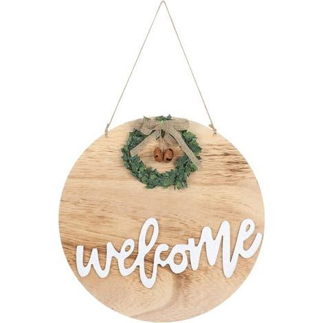 Panneau porte bienvenue bois, avec logo/couronne/plantes vertes artificielles/arches, pour villa/ferme/cour/jardin/chambre (1/5)