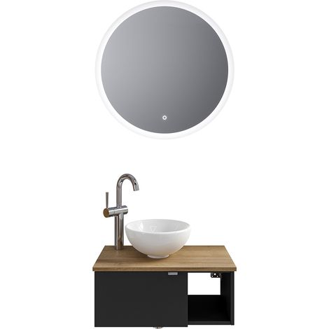 Badmöbel Set 2-teilig mit 60 cm Waschtisch, Türanschlag links in schwarz matt mit Eiche AMADORA-66 (1/5)