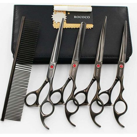 YMYNY 1 Set 7,0 Zoll professionelle Titan-Pflegeschere, gerade & Effilier- & gebogene Schere, 4-teiliges Set für die Hundepflege (glänzend schwarz) (1/2)