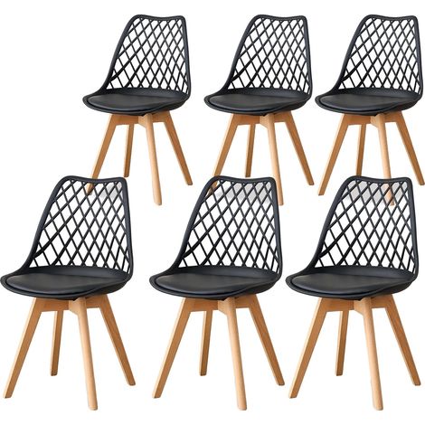 Chaises de salle à manger, siège en cuir rembourré, pieds en bois massif, 6pcs Noir (1/2)