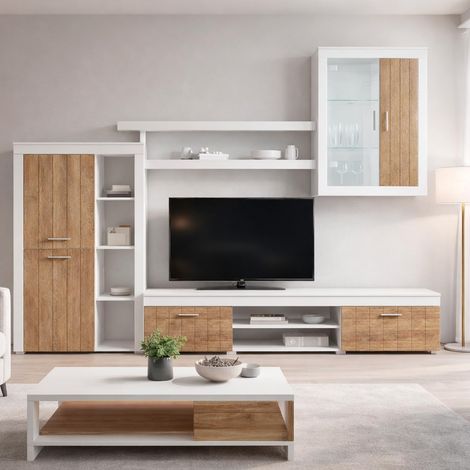Parete Attrezzata Da Soggiorno Salotto Moderna Con Ante Mensole Vani A Giorno Vetrinetta Mobile TV Design Moderno Moduli Sospesi 293 x 193 x 50 Cm Bianco E Noce - Colore: Bianco e Noce
