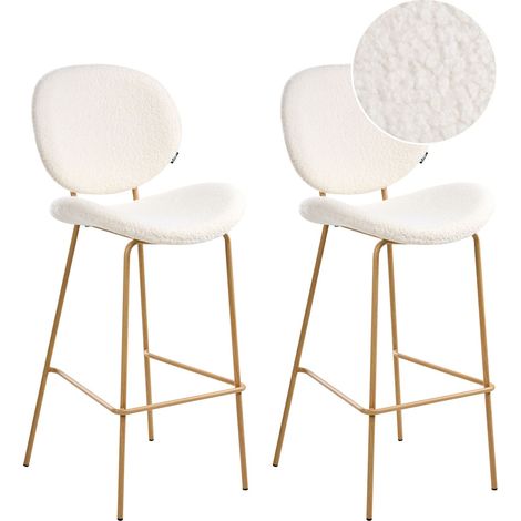 Set of 2 Bar Chairs White Boucle Light Brown Wood-Like Iron Legs Protection Caps Contemporary Retro Design Dining Room Seating LUANA