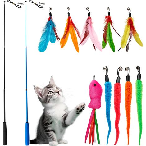 Jouet pour Chat 12 Pièces Canne à Chat avec 2 Extensibles, 10 Ressorts de Rechange pour Chat, Jouet pour Chat avec Clochette Plume/Ver/Poisson, Ensemble Jouet Interactif pour Chat (1/5)