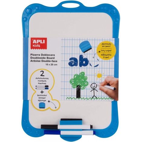 Pizarra rígida para rotuladores tamaño 180 x 280 mm. Pizarra de doble cara: un lado blanco y el otro cuadriculado. Incluye 2 rotuladores de pizarra (a