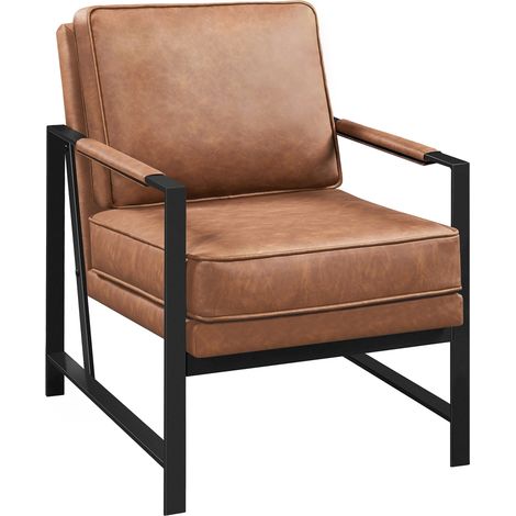 Homevive  Sillón de Salón de Polipiel Sillón Relax con Reposabrazos Asiento Acolchado Estructura de Metal para Sala de Estar Dormitorio Estudio Vestíbulo Marrón Claro (1/5)