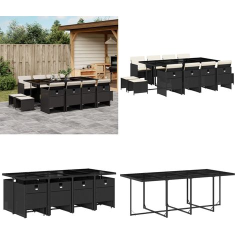 Set comedor de jardín con cojines 13 pzas ratán sintético negro - Sillas de jardín - Cojines para sillas