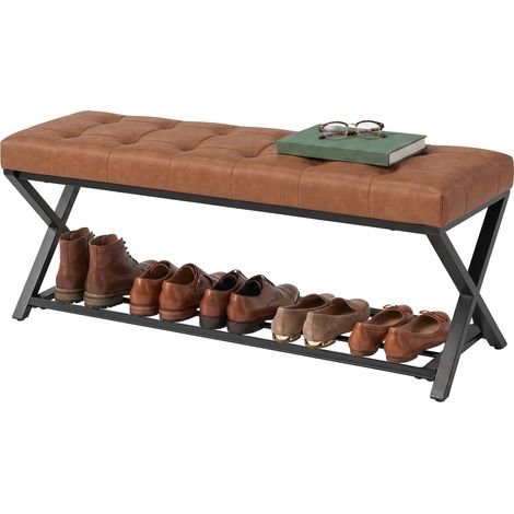 Banque d'entrée Skobänk avec revêtement en similicuir, capacité de stockage jusqu'à 220 kg pour couloir, hall d'entrée, 112 x 37 x 47 cm, marron (1/5)
